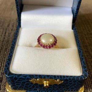 14K Gold Pearl & Ruby Ring